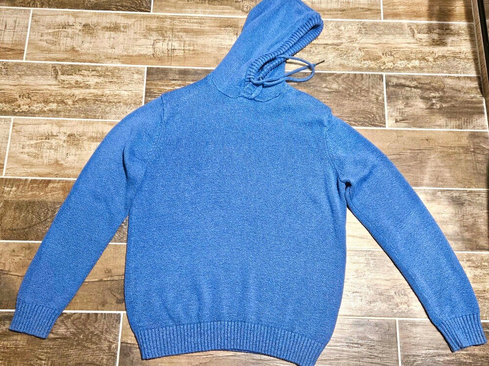 Even Tide Men's Blue Knit Pullover Hoodie Drawstring Solid Long Sleeve M